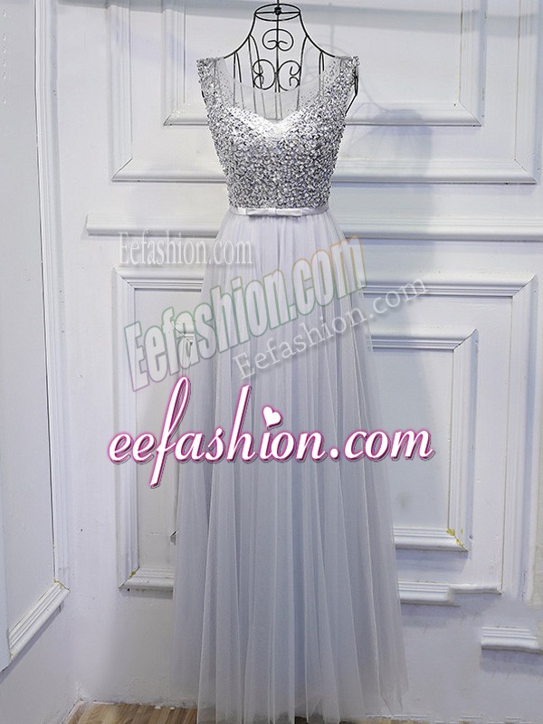 Grey Scoop Lace Up Beading and Sequins Prom Dress Sleeveless