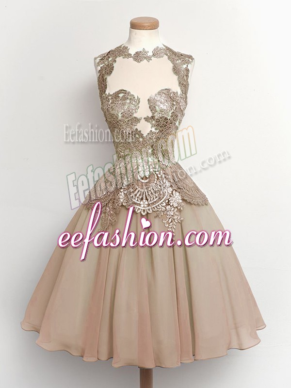  Knee Length Brown Court Dresses for Sweet 16 High-neck Sleeveless Lace Up