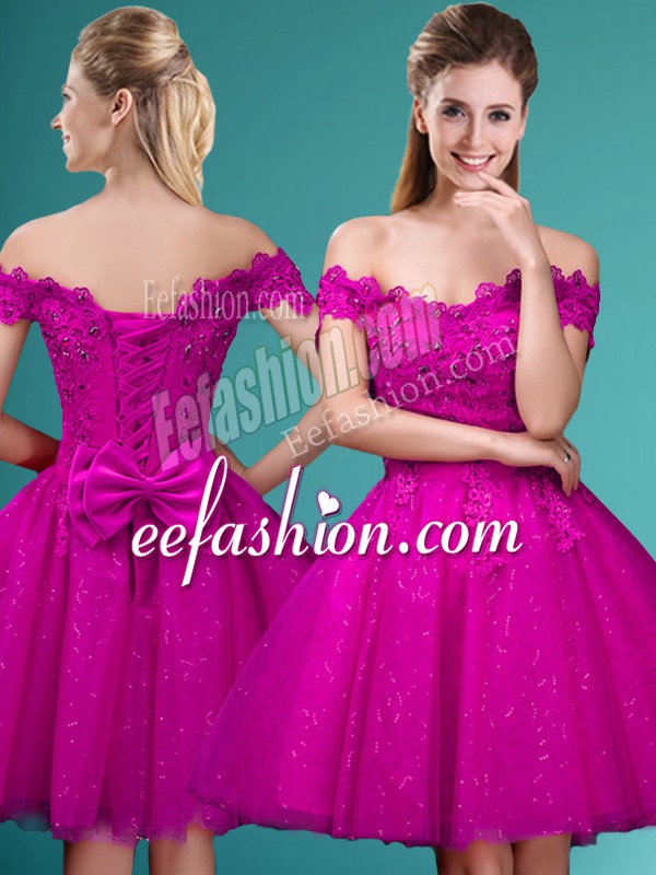 Cute Fuchsia Lace Up Off The Shoulder Lace and Belt Quinceanera Court Dresses Tulle Cap Sleeves