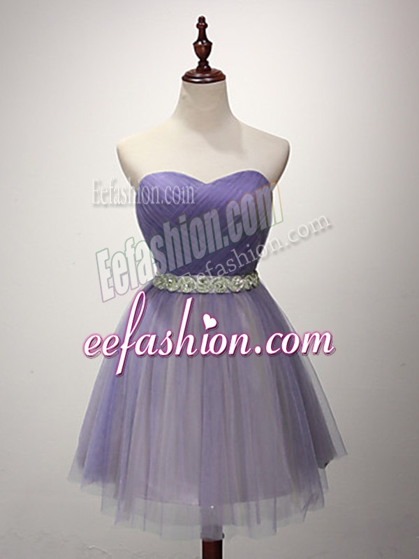 Fancy A-line Bridesmaid Dresses Lavender Sweetheart Tulle Sleeveless Mini Length Lace Up