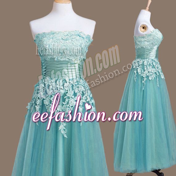 Sumptuous Light Blue Sleeveless Tea Length Appliques Lace Up Bridesmaid Dresses