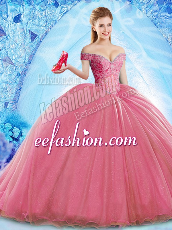 Decent Sleeveless Brush Train Beading Lace Up Quinceanera Gowns