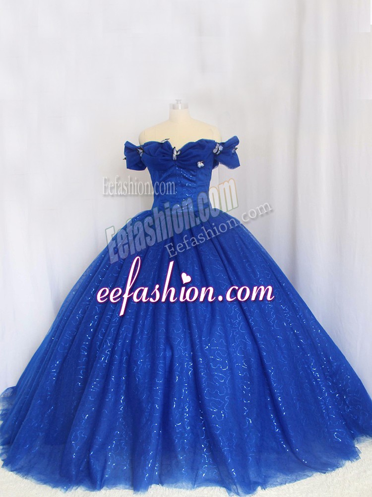  Floor Length Royal Blue Quinceanera Gown Tulle Cap Sleeves Hand Made Flower