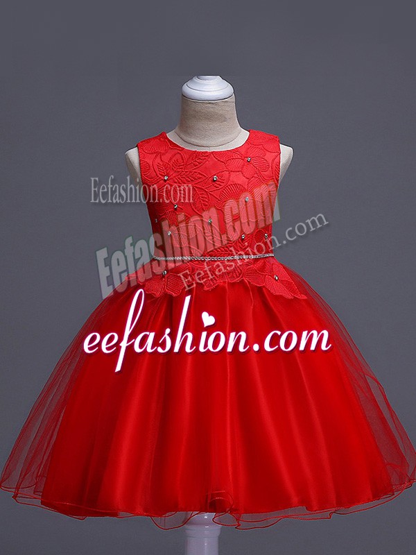 Shining Sleeveless Knee Length Lace Zipper Flower Girl Dress with Red