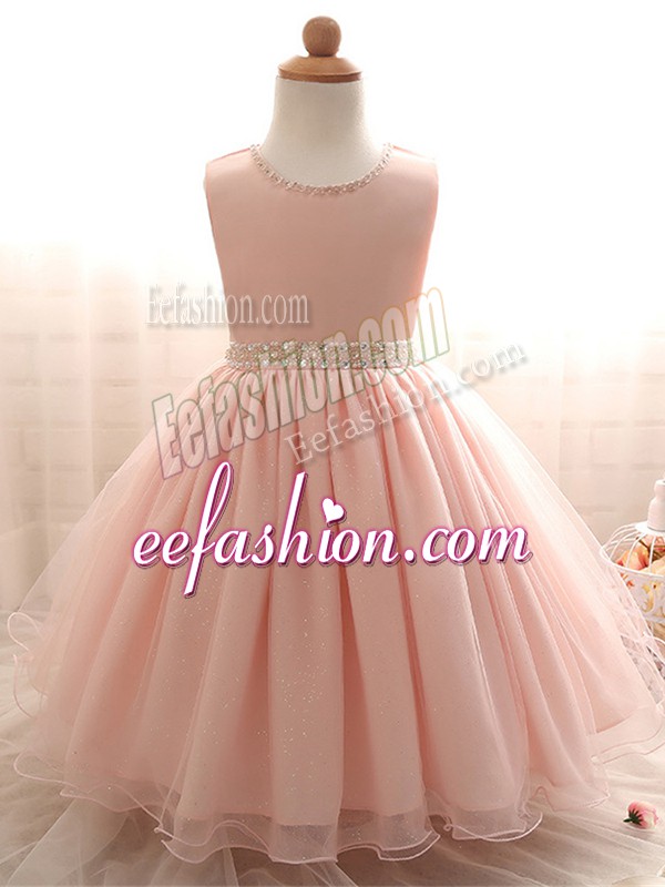  Scoop Sleeveless Lace Up Kids Pageant Dress Pink Organza