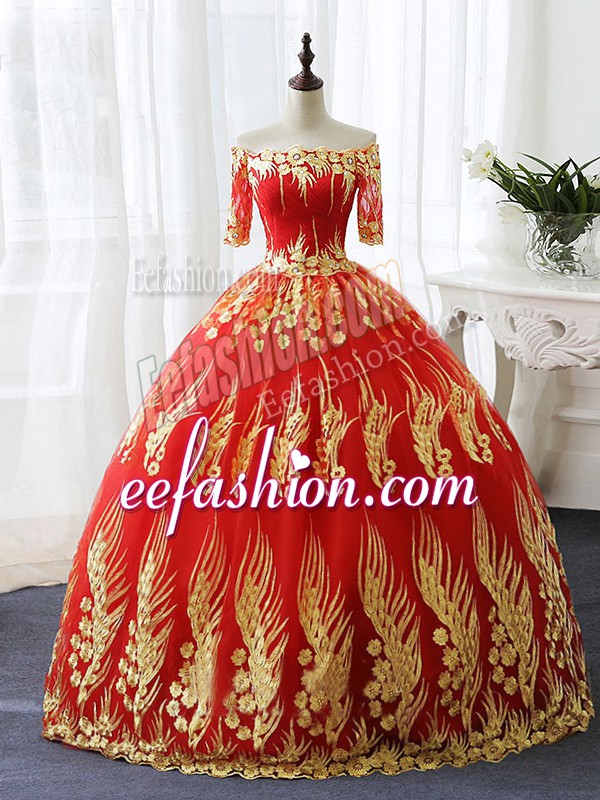 Cheap Off The Shoulder Half Sleeves Printed Quinceanera Gown Appliques Lace Up