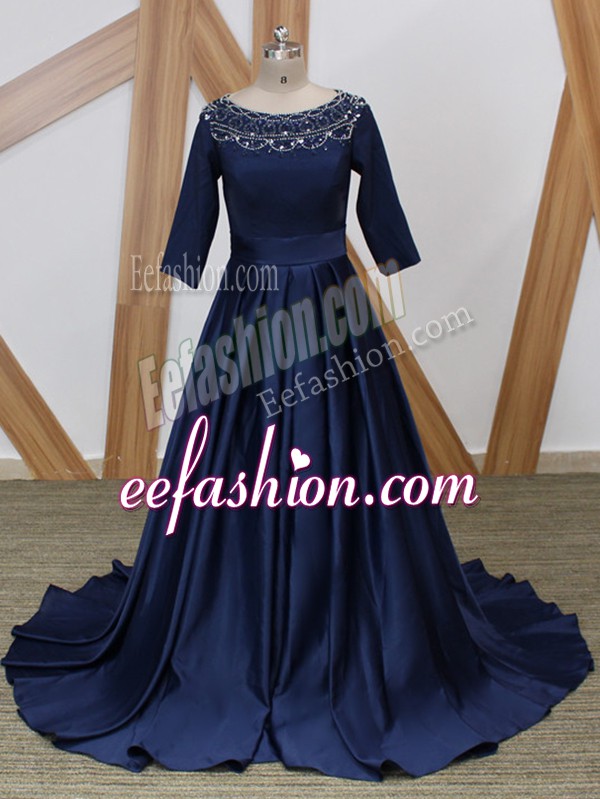 Classical 3 4 Length Sleeve Beading Zipper Mother Of The Bride Dress with Navy Blue Brush Train
