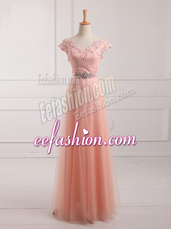 Suitable Peach Lace Up V-neck Beading and Lace and Appliques Mother Of The Bride Dress Tulle and Lace Short Sleeves
