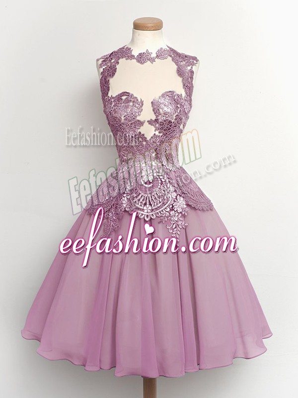Eye-catching Lilac Sleeveless Knee Length Lace Lace Up Bridesmaid Dress