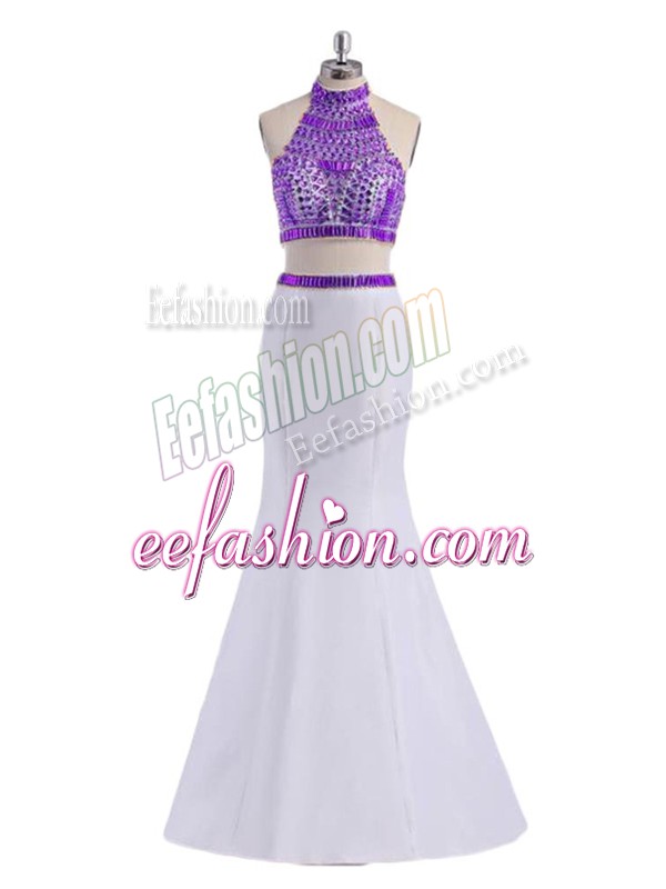  Two Pieces Prom Gown White And Purple Halter Top Satin Sleeveless Floor Length Criss Cross