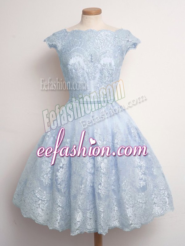 Top Selling Light Blue Quinceanera Court of Honor Dress Prom and Party and Wedding Party with Lace Scalloped Cap Sleeves Lace Up