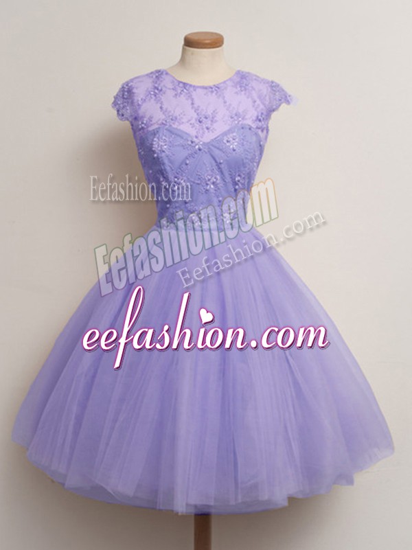 Wonderful Scoop Cap Sleeves Bridesmaids Dress Knee Length Lace Lavender Tulle
