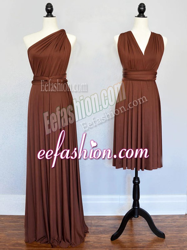Delicate Sleeveless Chiffon Floor Length Lace Up Bridesmaid Gown in Brown with Ruching