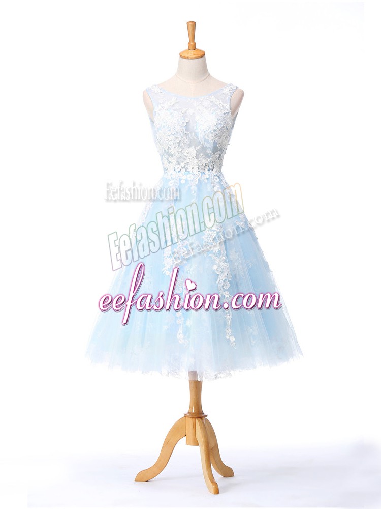 On Sale Tulle Scoop Sleeveless Backless Appliques Bridesmaid Dress in Light Blue