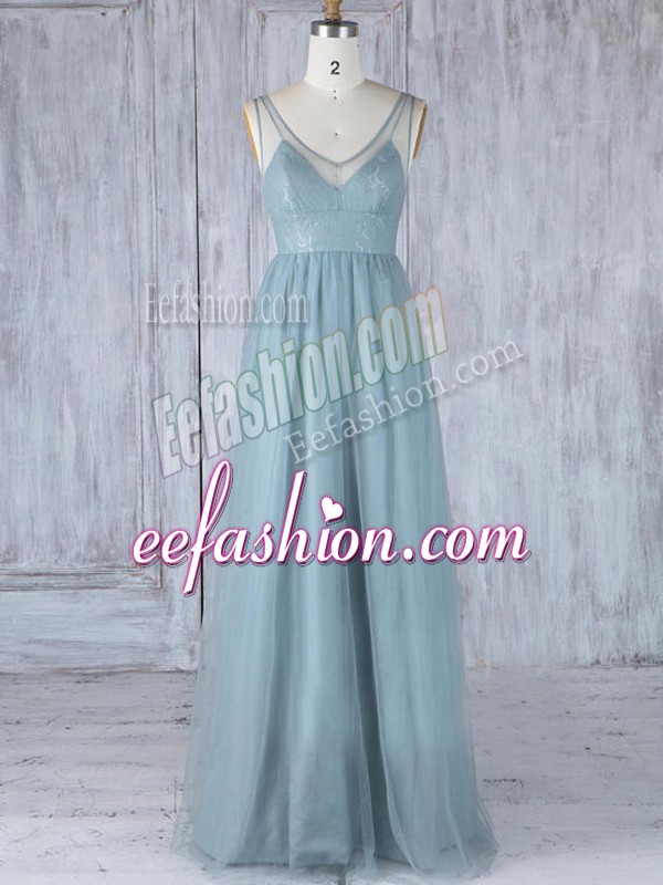 Edgy Grey Zipper Bridesmaid Dress Lace Sleeveless Floor Length