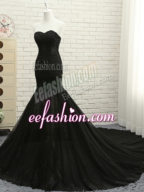 Enchanting Black Sleeveless Tulle Court Train Lace Up Juniors Evening Dress for Prom and Party