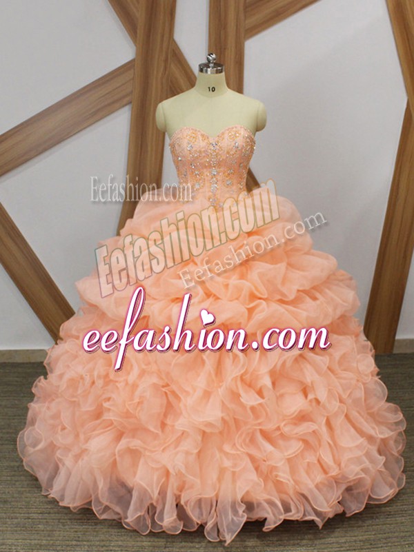Modest Peach Quinceanera Dress Organza Sweep Train Sleeveless Beading and Ruffles and Pick Ups
