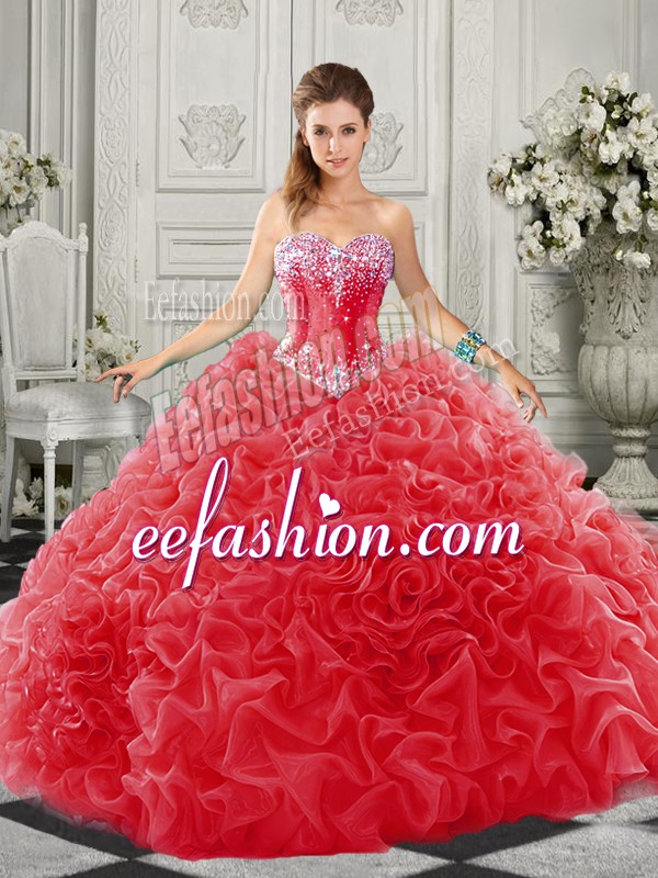 Free and Easy Sweetheart Sleeveless Court Train Lace Up 15th Birthday Dress Red Organza