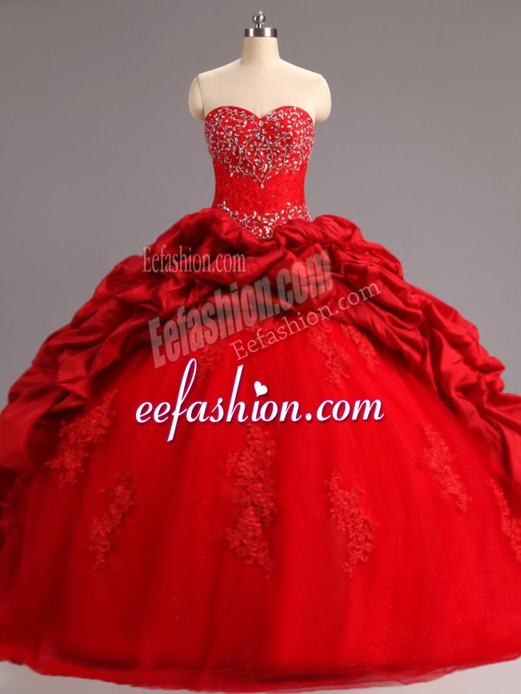 Latest Red Lace Up Quinceanera Gown Beading and Appliques and Pick Ups Sleeveless Court Train