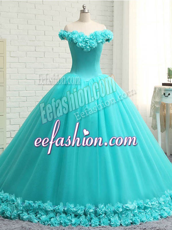 Free and Easy Aqua Blue Tulle Lace Up Quinceanera Dresses Sleeveless Court Train Hand Made Flower