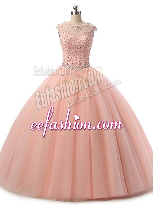 Dazzling Peach Ball Gowns Beading and Lace Quinceanera Dress Lace Up Tulle Sleeveless Floor Length