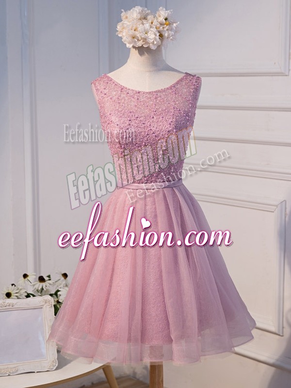 Enchanting Sleeveless Mini Length Beading and Belt Lace Up Dress for Prom with Pink 