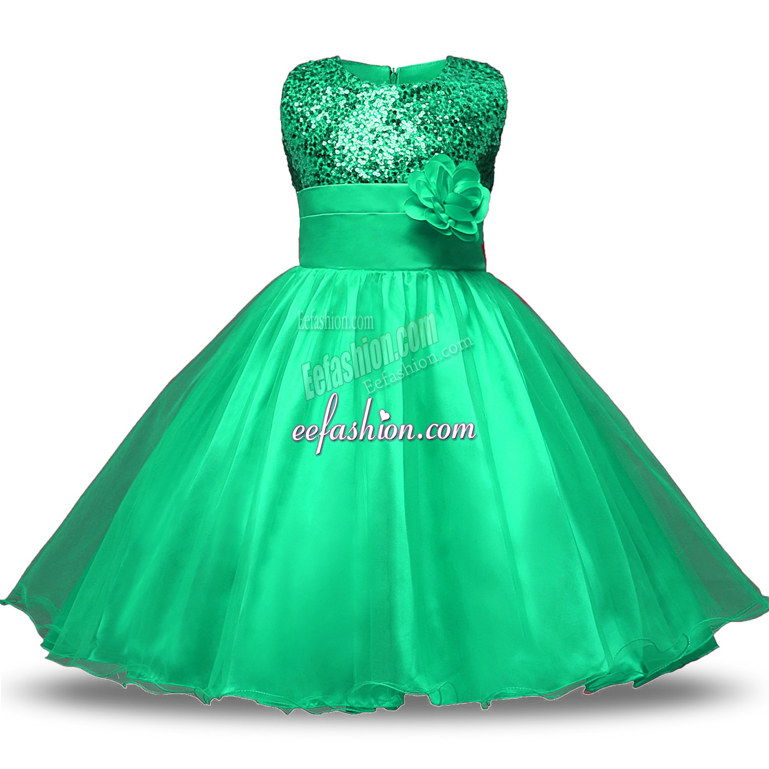 Enchanting Turquoise Ball Gowns Scoop Sleeveless Organza and Sequined Knee Length Zipper Belt and Hand Made Flower Toddler Flower Girl Dress