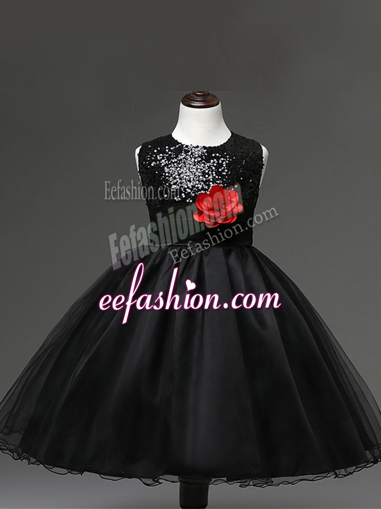  Black Tulle Zipper Kids Pageant Dress Sleeveless Knee Length Sequins and Hand Made Flower