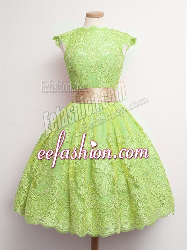  Yellow Green Lace Up Dama Dress for Quinceanera Belt Cap Sleeves Knee Length