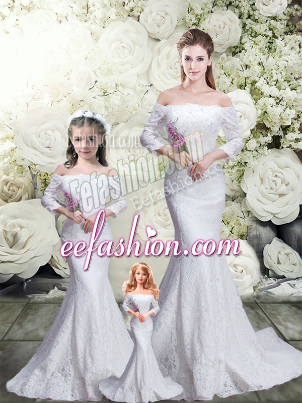  3 4 Length Sleeve Lace Brush Train Lace Up 15 Quinceanera Dress in White with Lace