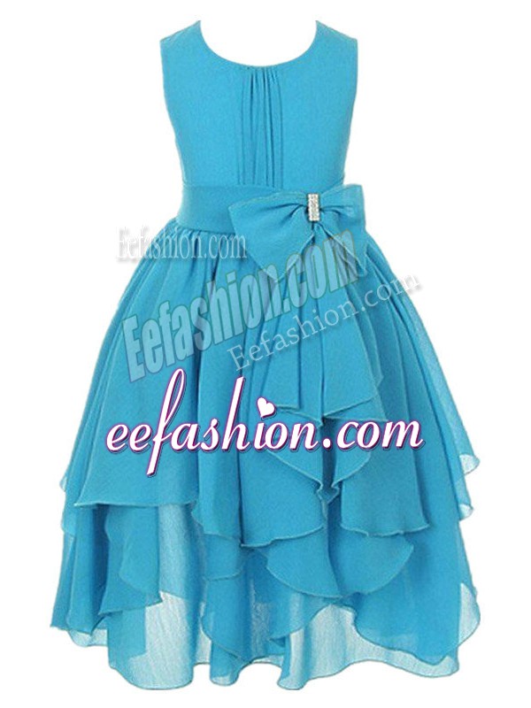  Asymmetrical Zipper Little Girl Pageant Gowns Aqua Blue for Wedding Party with Ruffles and Bowknot