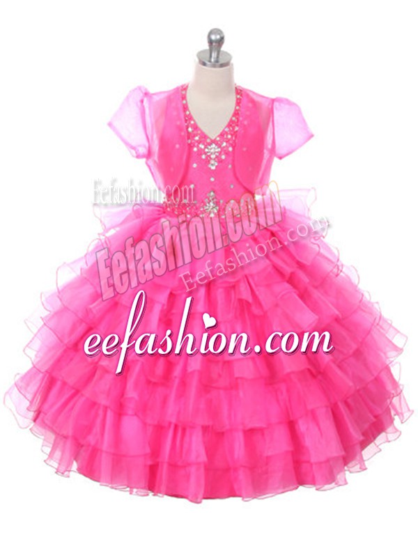  Hot Pink Halter Top Neckline Beading and Ruffled Layers Little Girls Pageant Gowns Sleeveless Lace Up