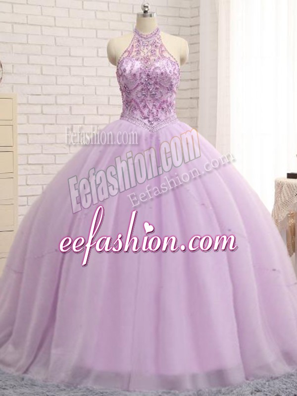  Lilac Ball Gowns Halter Top Sleeveless Tulle Brush Train Lace Up Beading Ball Gown Prom Dress