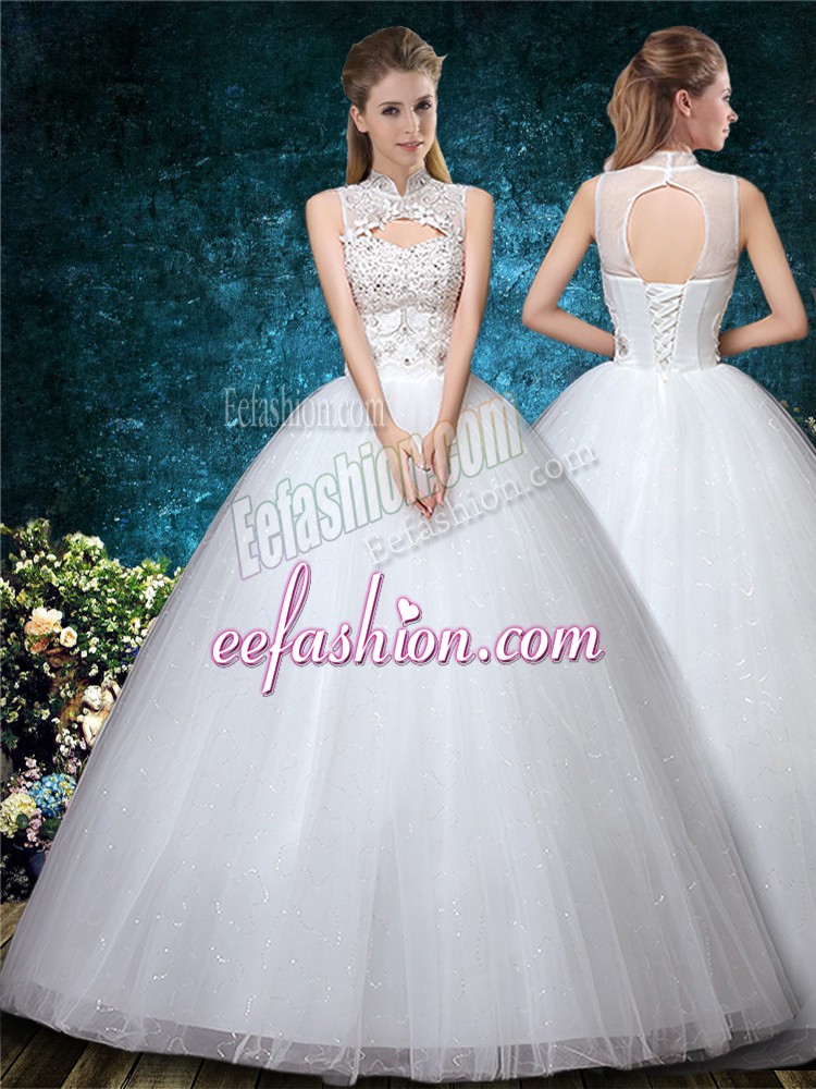  White Sleeveless Beading and Appliques and Embroidery Floor Length Wedding Gowns