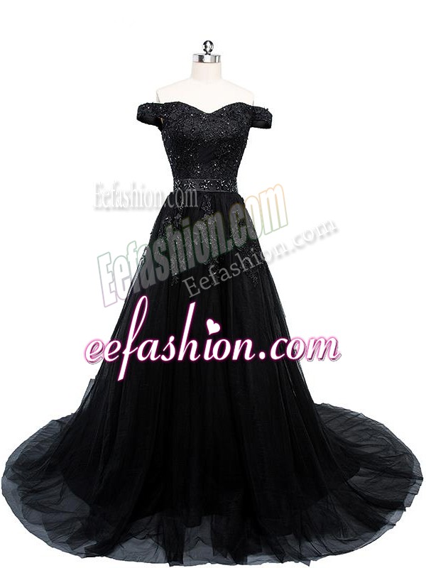 Shining Black Military Ball Dresses Prom and Military Ball and Sweet 16 with Beading and Lace and Appliques Off The Shoulder Sleeveless Brush Train Lace Up