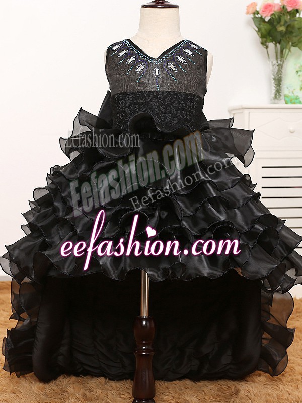  High Low Black Kids Formal Wear Organza Sleeveless Beading and Ruffles and Bowknot