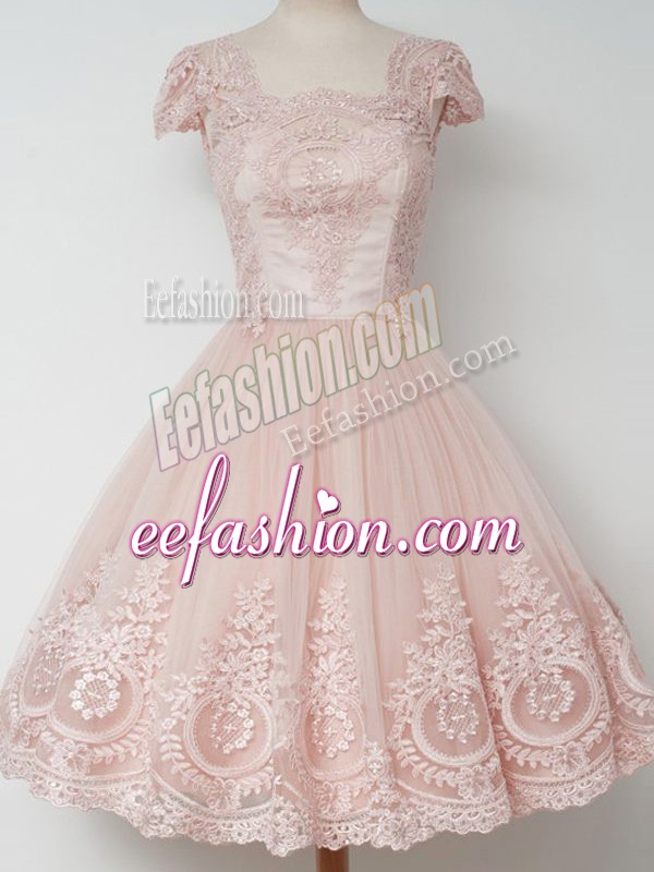  Knee Length Zipper Quinceanera Court of Honor Dress Peach for Prom and Party and Wedding Party with Lace
