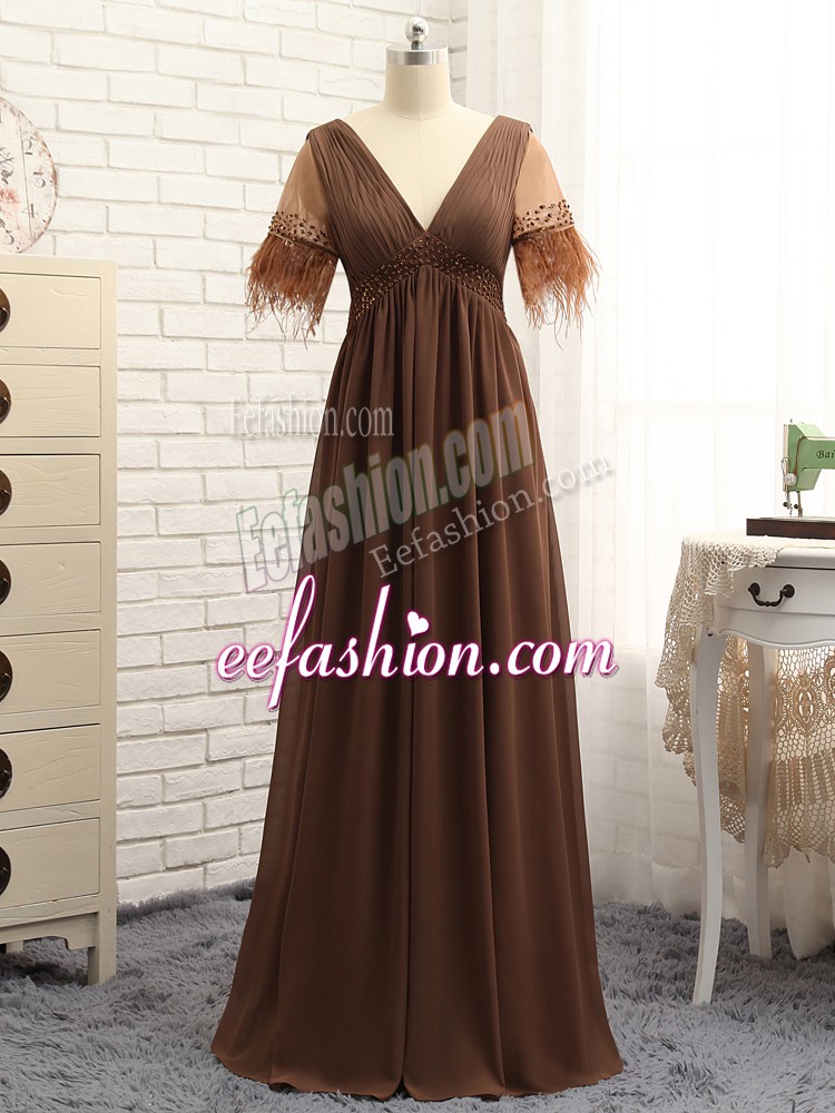  Brown Sleeveless Floor Length Beading and Ruching Zipper Mother Of The Bride Dress