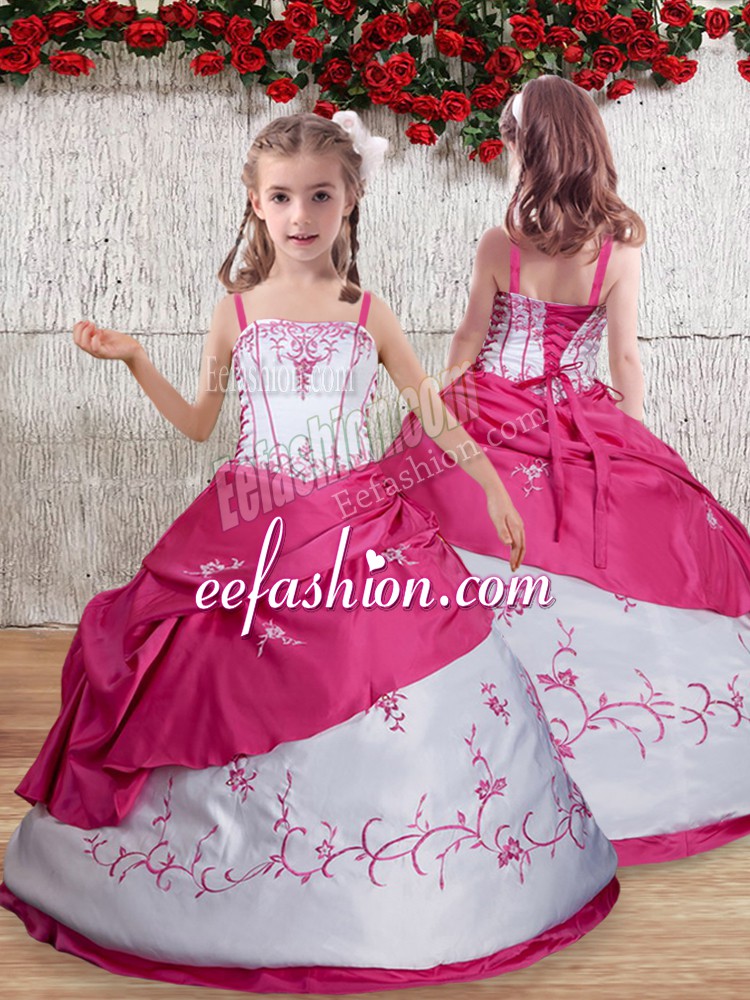  Hot Pink Little Girl Pageant Gowns Party and Quinceanera with Embroidery Straps Sleeveless Lace Up