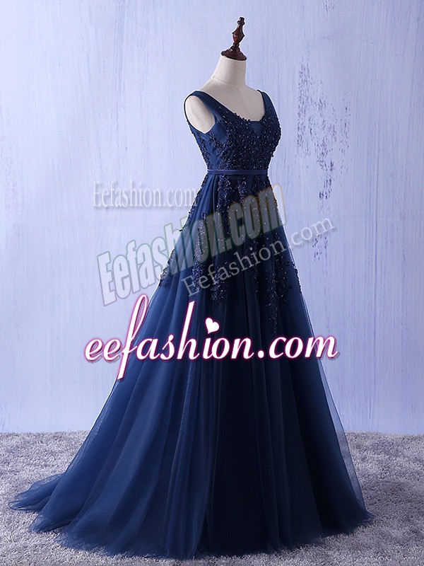  Sleeveless Floor Length Appliques Lace Up Prom Gown with Navy Blue