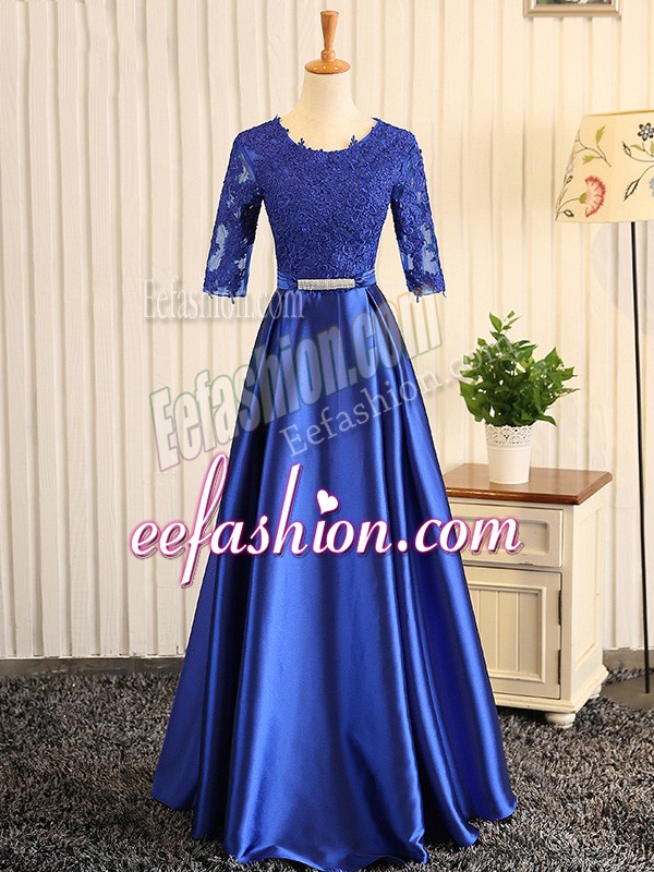 Inexpensive Blue Half Sleeves Floor Length Embroidery and Belt Zipper Homecoming Dress