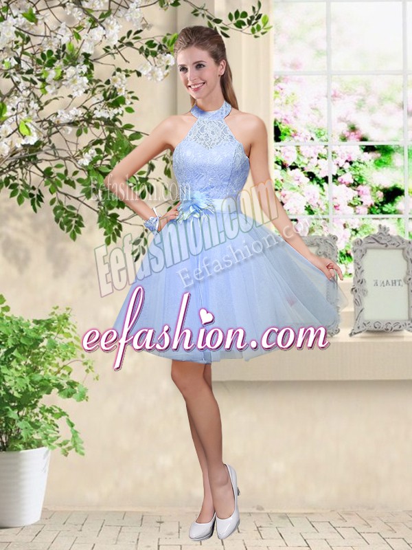 Most Popular Tulle Sleeveless Knee Length Bridesmaid Gown and Lace and Belt