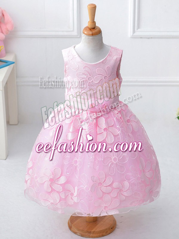 Elegant Baby Pink Zipper Flower Girl Dress Appliques and Hand Made Flower Sleeveless Knee Length