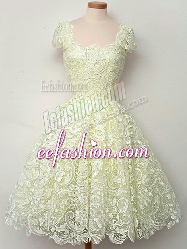 Traditional Yellow Lace Lace Up Straps Cap Sleeves Knee Length Bridesmaids Dress Lace