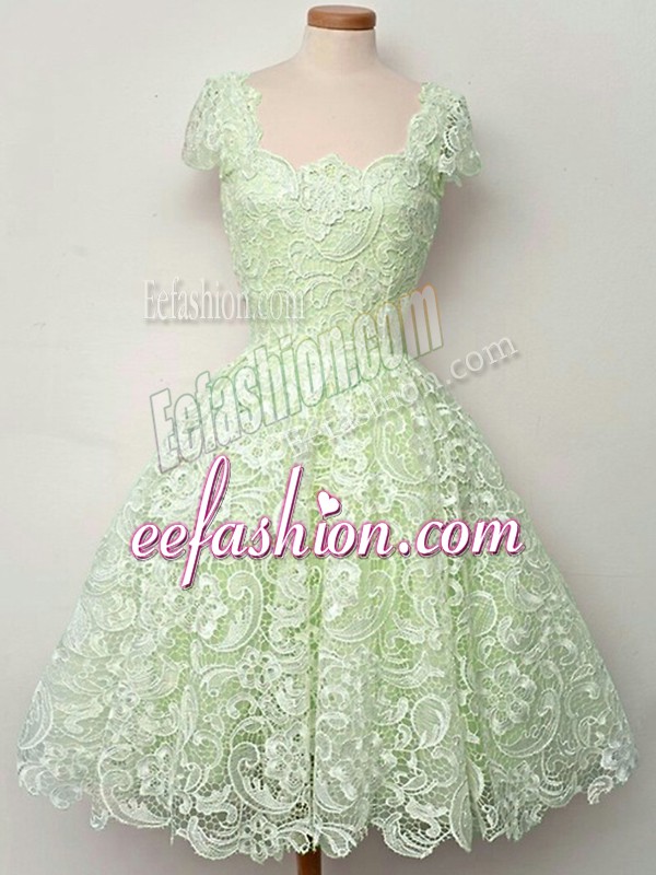 Lovely Yellow Green Cap Sleeves Lace Knee Length Bridesmaids Dress