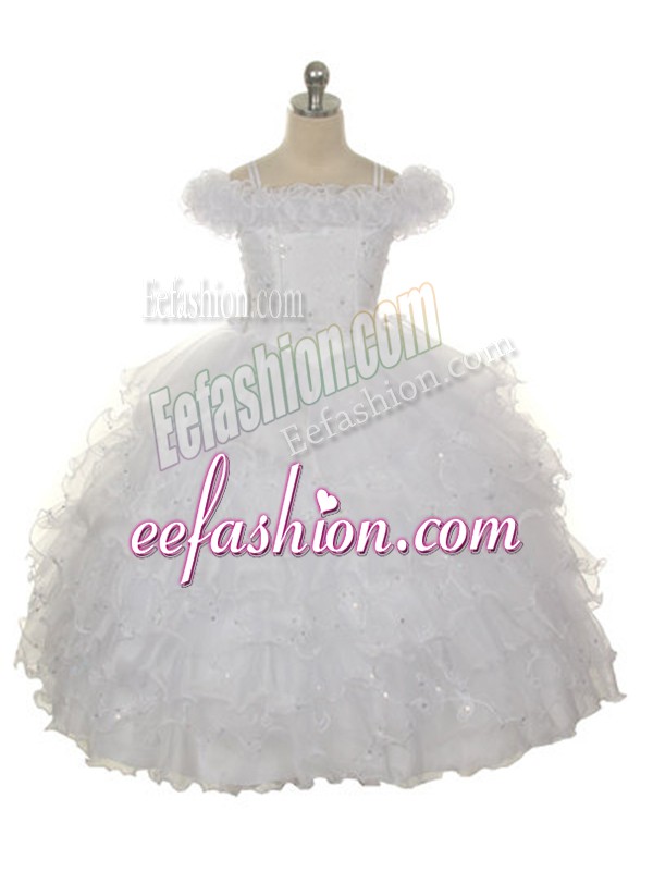 Attractive White Little Girl Pageant Gowns Wedding Party with Ruffles and Ruffled Layers Off The Shoulder Sleeveless Lace Up