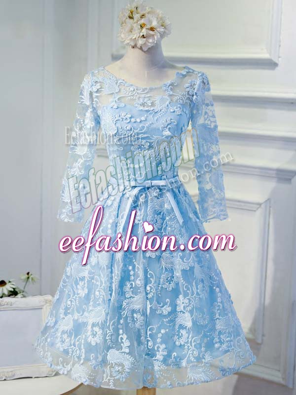 Baby Blue Organza Lace Up Scoop Long Sleeves Knee Length Prom Gown Appliques and Belt