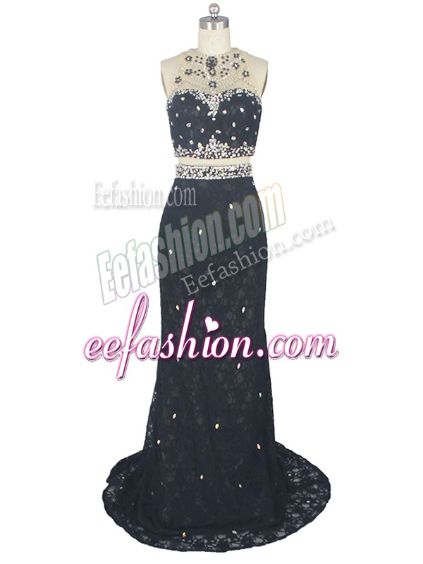 Discount Black Zipper High-neck Beading and Lace Dress for Prom Lace Sleeveless Brush Train