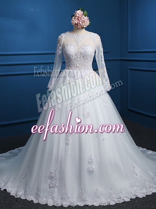  White Ball Gowns Scoop Long Sleeves Tulle Court Train Zipper Lace and Appliques Wedding Dress