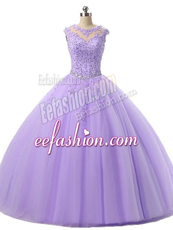 Beauteous Lavender Ball Gowns Scoop Sleeveless Tulle Floor Length Lace Up Beading and Lace Sweet 16 Quinceanera Dress